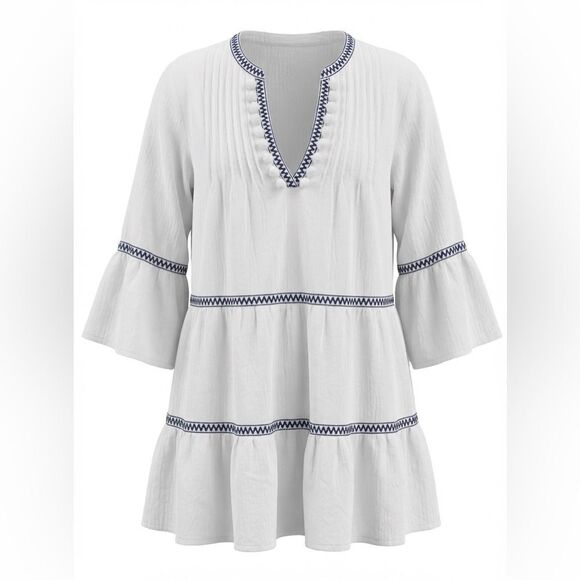Tommy Bahama Tops - TOMMY BAHAMA WOMENS EMBROIDERED COTTON TIERED TUNIC WHITE WITH BLUE TRIM SIZE M